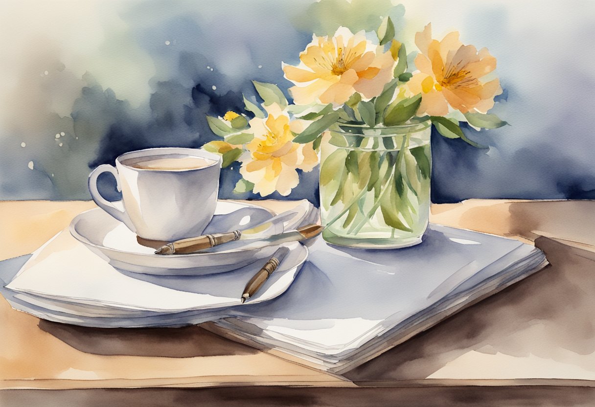 A pen poised over a blank card, surrounded by flowers and a cup of tea on a table