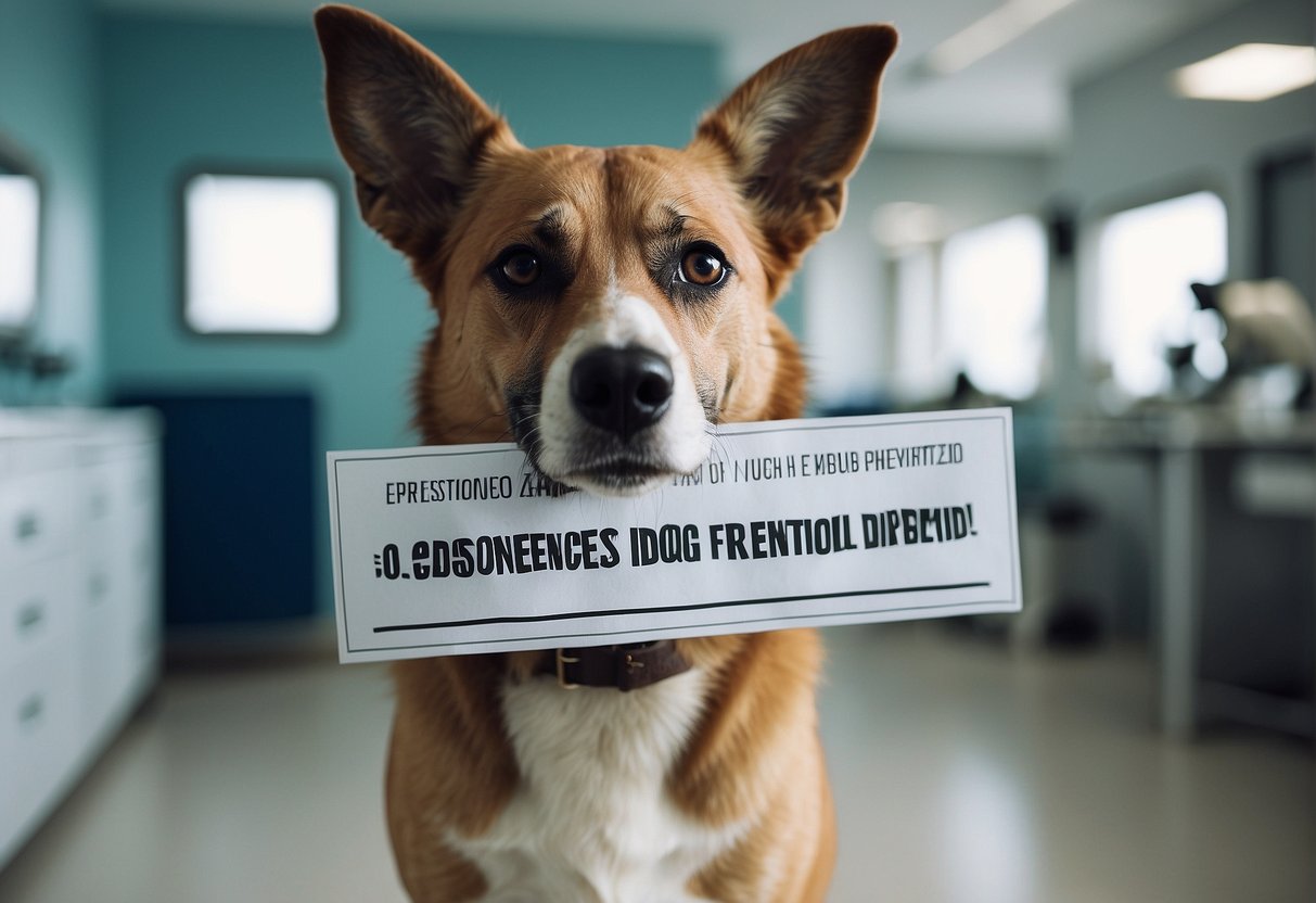 A dog with a muzzle, standing in a vet's office. A sign reads "Consequences and prevention of incidents: should a biting dog be euthanized?"