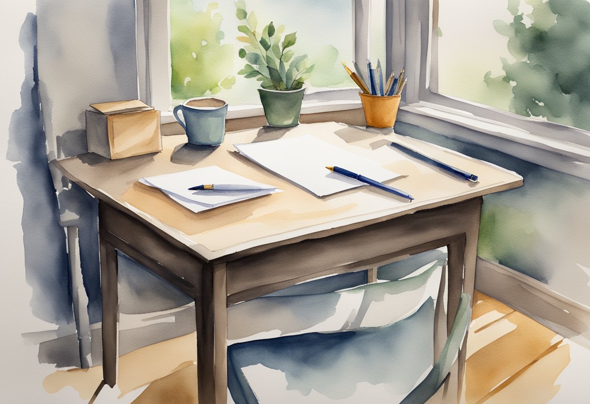 A desk with a pen, paper, and envelope. A completed thank you note sits on the desk, ready to be sent