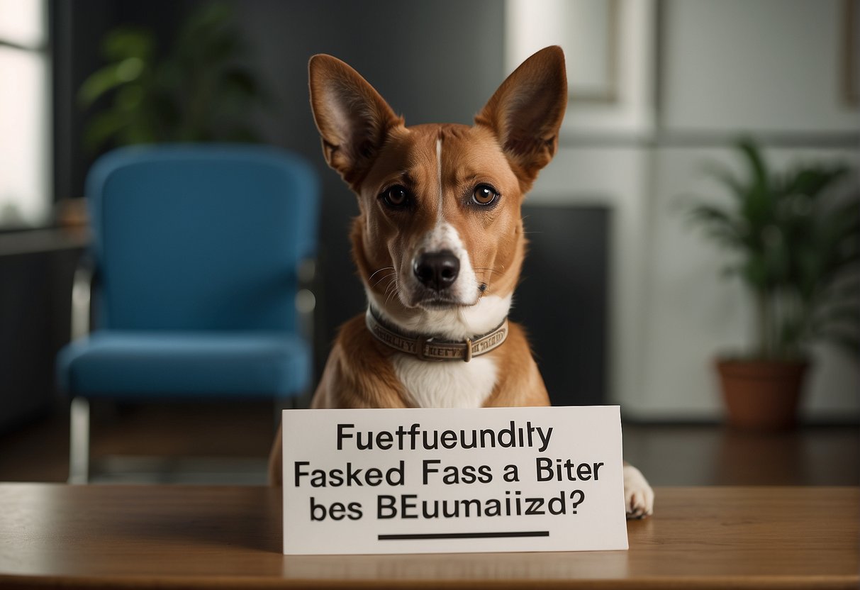 A dog with a concerned expression, sitting alone in a quiet room, with a sign in the background reading "Frequently Asked Questions: Should a dog that has bitten be euthanized?"