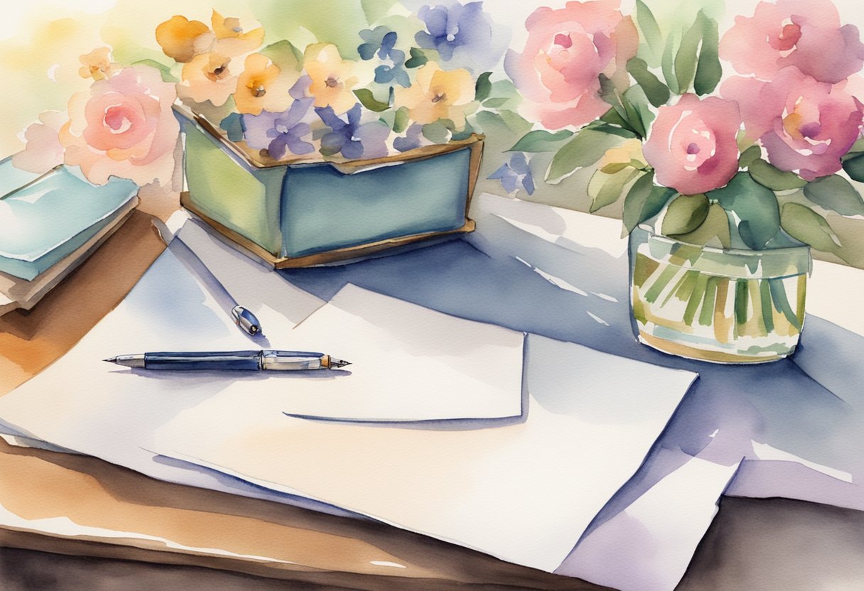 A desk with a pen, paper, and envelope. A completed thank you note with elegant handwriting. Flowers or a small gift nearby