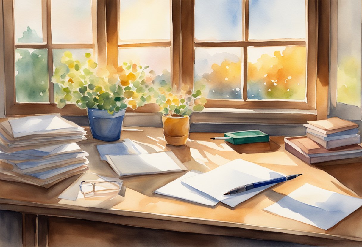 A desk with various thank you note examples, pens, and envelopes. Sunlight streams in through a window, casting a warm glow on the scene