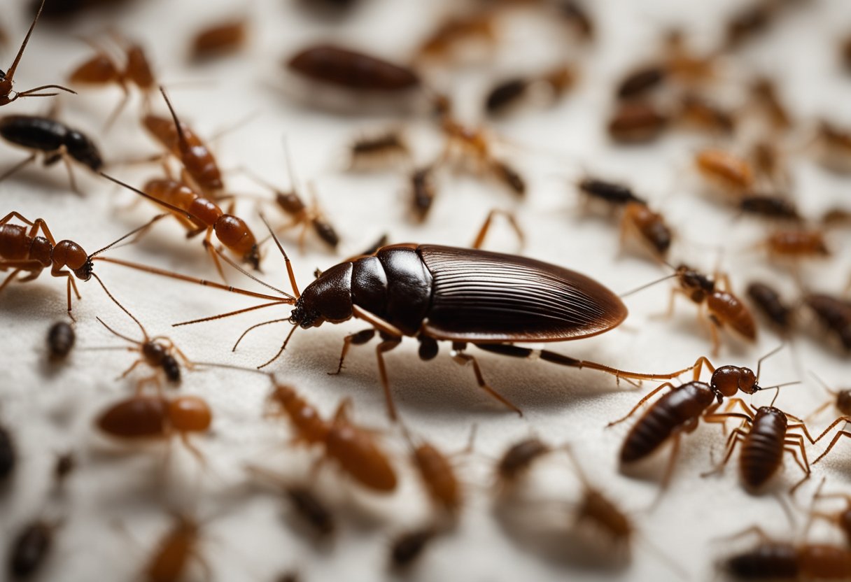 Cockroach, spider, ant, fly, mosquito, bed bug, termite, centipede, and silverfish crawling in a messy, dimly lit house