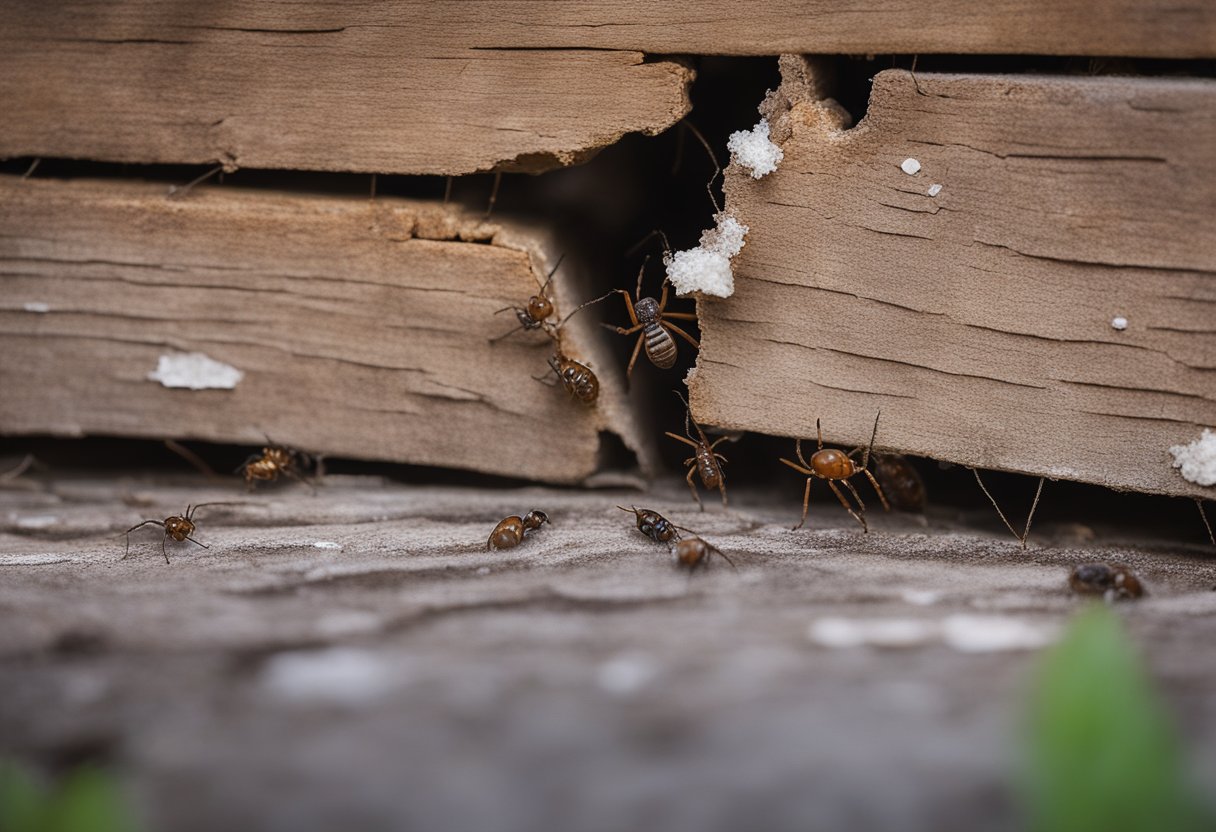 Cracks in walls, sagging ceilings, termite-infested wood, moldy corners, leaking pipes, rodent droppings, swarming ants, buzzing flies, and spider webs cover the damaged structure