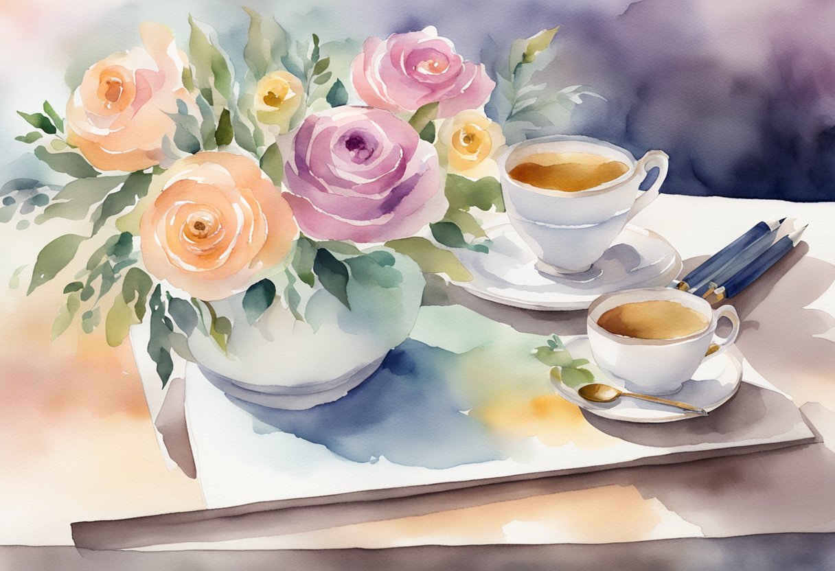 A beautifully decorated thank you card resting on a table, surrounded by a pen, a vase of flowers, and a cup of tea