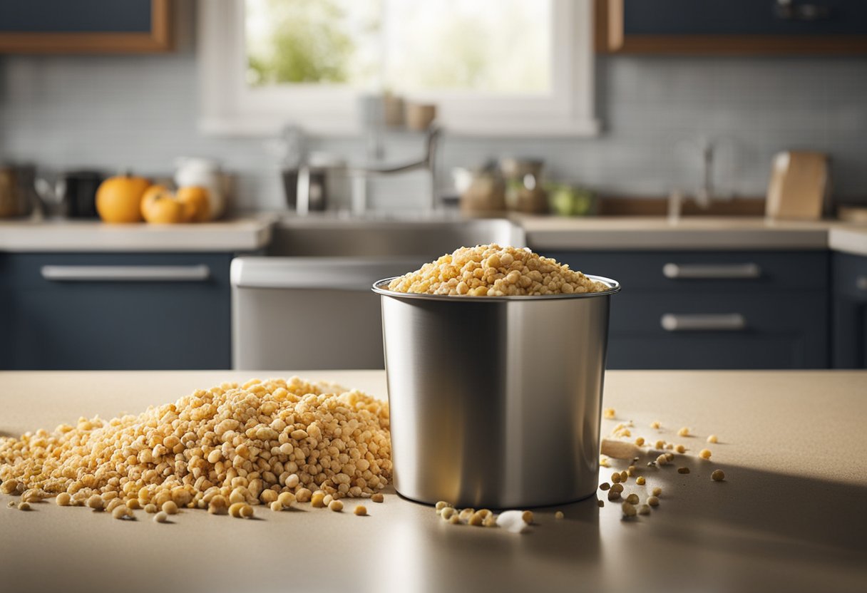 A kitchen counter covered in crumbs and spills, with open food containers attracting ants, roaches, and flies. A trash can overflowing with food waste and a neglected pet food bowl also drawing pests