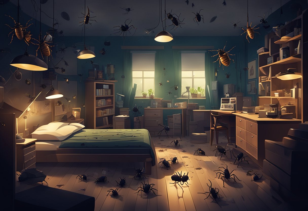 The illustration shows a dark, cluttered room with a spotlight on various creepy bugs like cockroaches, spiders, and ants crawling around