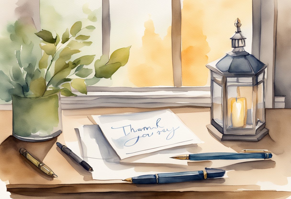 A handwritten thank-you note sits on a desk, next to a pen and a thoughtful reply being written. A warm, cozy atmosphere surrounds the scene