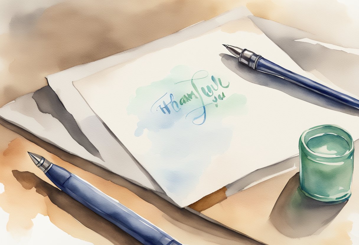 A handwritten thank you note sits on a desk, next to a pen and a thoughtful response being written on a blank piece of paper