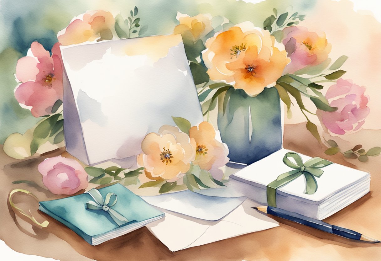 A handwritten note on elegant stationery, surrounded by a bouquet of flowers and a small gift, with a warm and inviting atmosphere