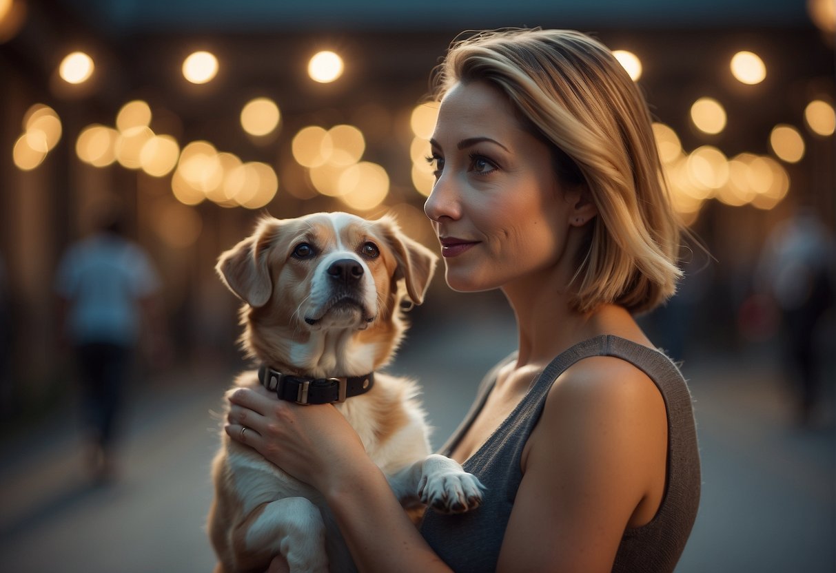 A woman and a dog standing together, with the dog looking up at her and her hand resting gently on the dog's head