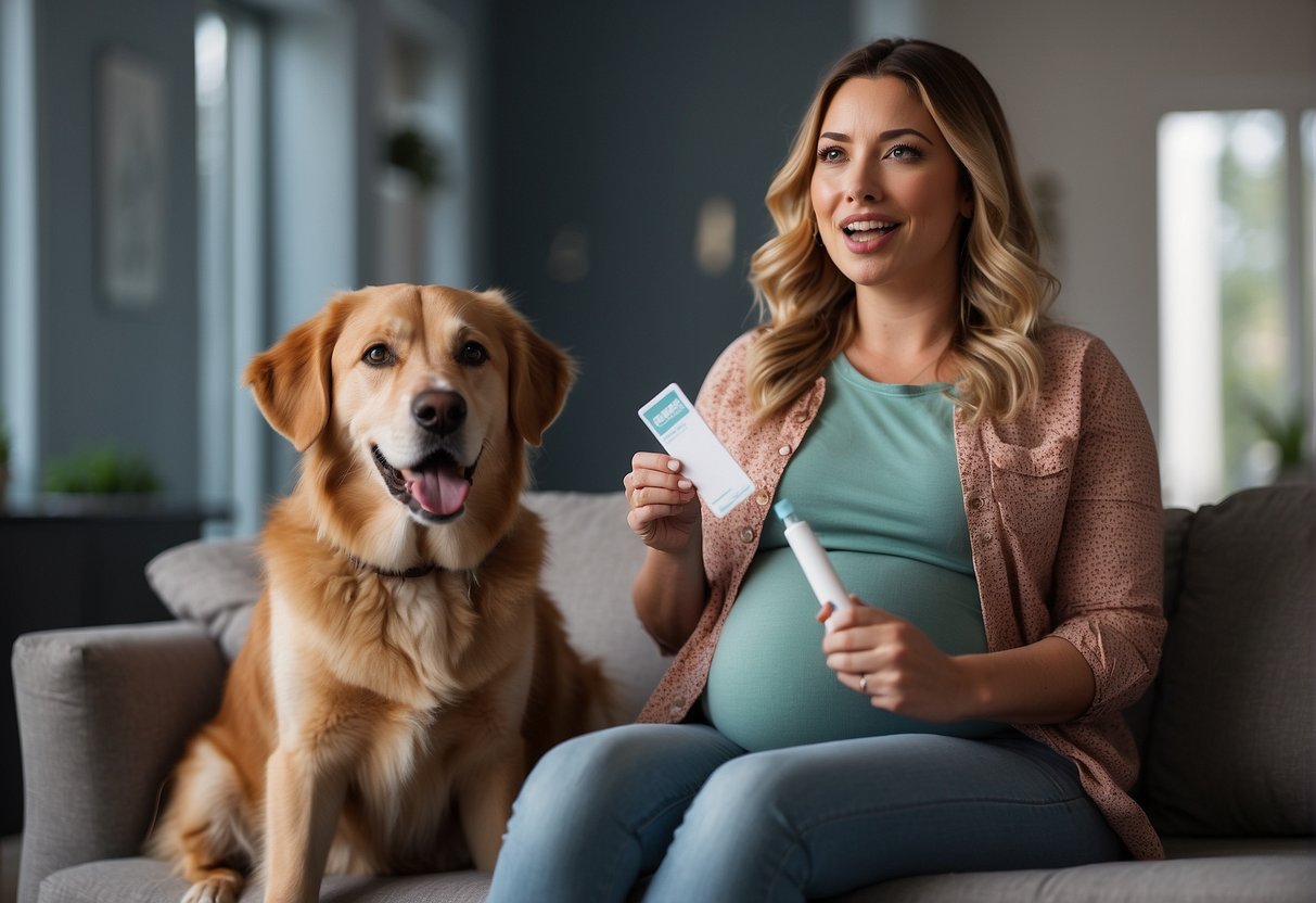 A woman sits with her dog, holding a pregnancy test with a surprised expression