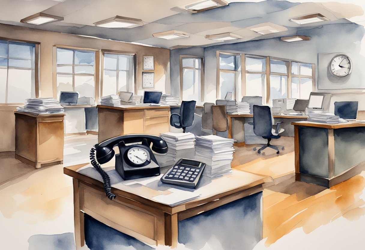 An empty office with unattended desks, ringing phones, and a disorganized pile of paperwork. A clock on the wall shows the time, but no one is there to answer the call