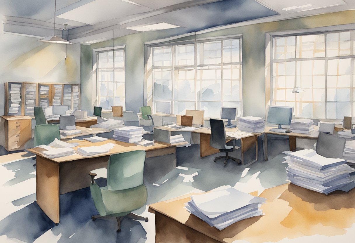 An empty office with scattered papers, unattended desks, and a lack of direction