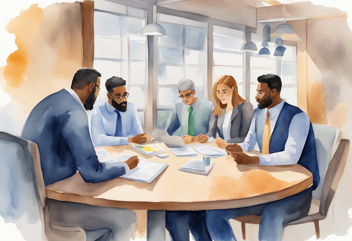 A group of employees gather around a table, brainstorming and problem-solving together in the absence of their leader. They are engaged and proactive, taking charge of the situation