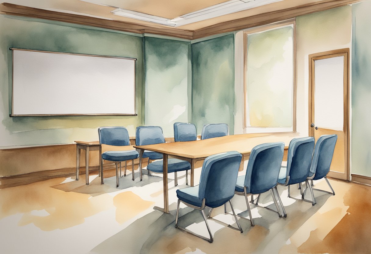 A deserted conference room with empty chairs and an abandoned whiteboard, depicting the absence of leadership in research and assessments