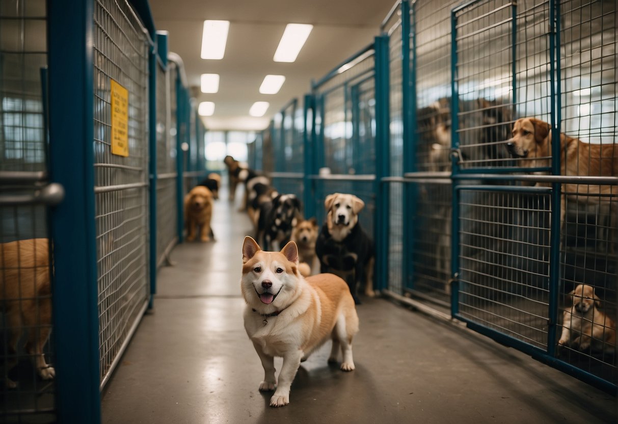 Dogs of various breeds and sizes wait in kennels at the animal shelter, with staff members caring for them and potential adopters looking on