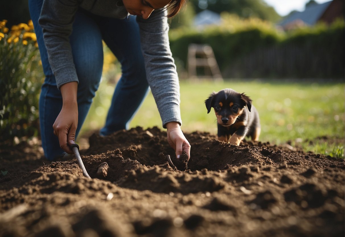 A person digging a hole in their garden for their deceased dog