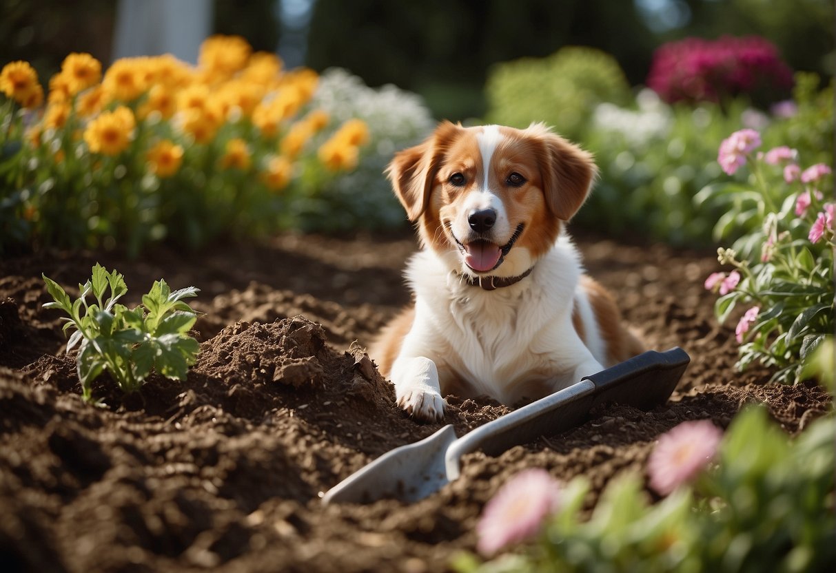 A dog being buried in a garden with a shovel, surrounded by trees and flowers