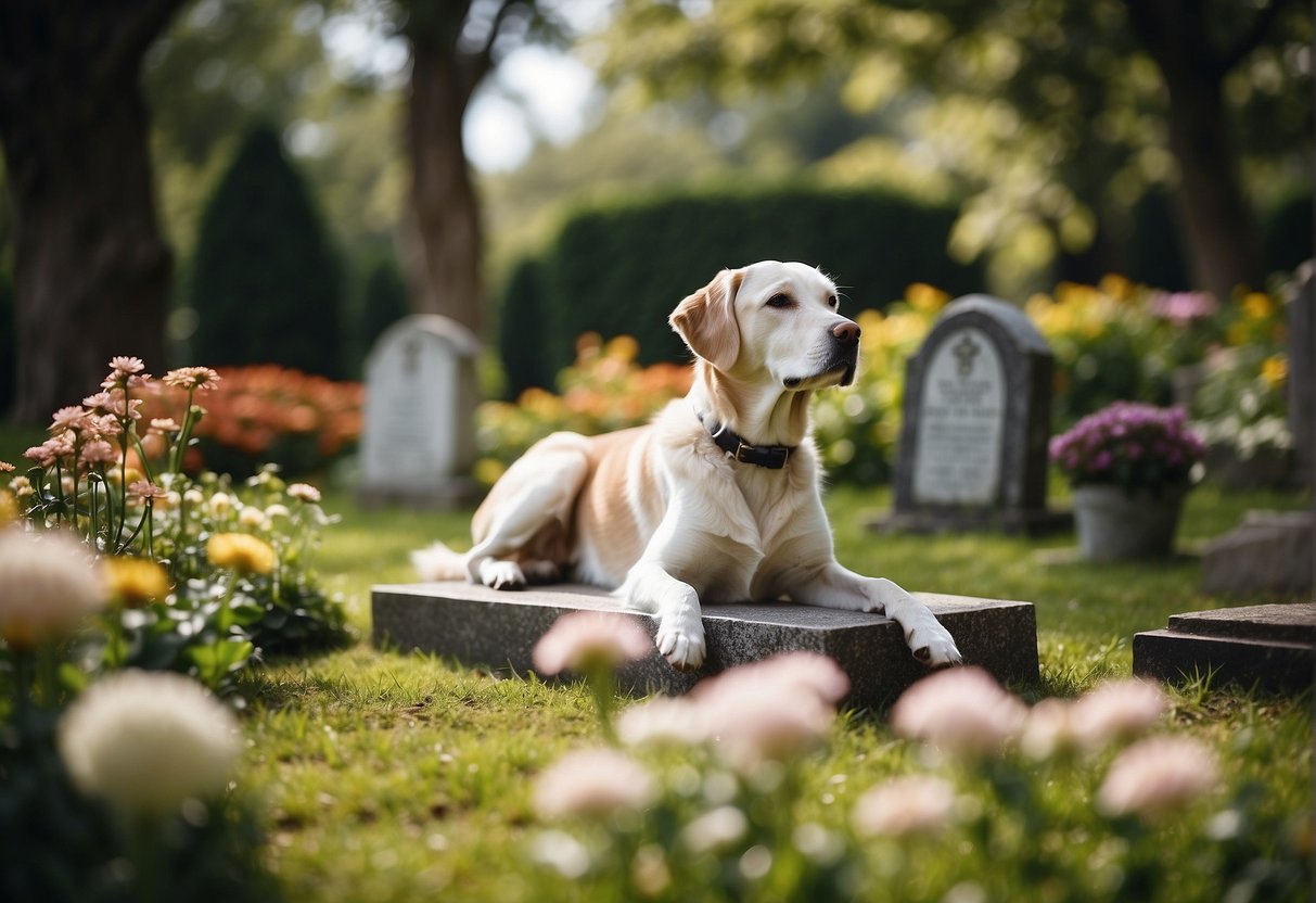 A dog burial in a garden, with a small grave marked by a headstone and surrounded by flowers and trees