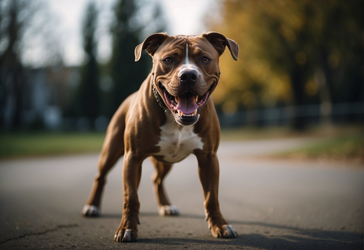 A snarling, muscular pit bull stands aggressively, teeth bared, in a defensive stance, ready to attack