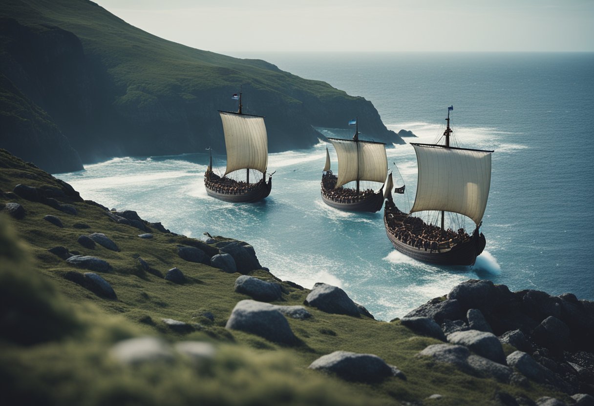 The Vikings' Exploration of the New World: Unveiling Pre-Columbian Voyages - Vikings sail longships along rugged coast, discovering new lands and trading with indigenous people