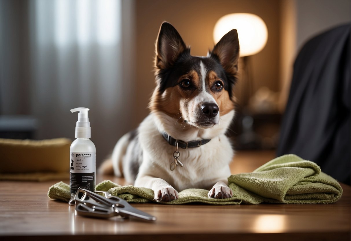 A dog's nail trimming preparation: dog sitting calmly, nail clippers and styptic powder on a table, and a towel for restraint
