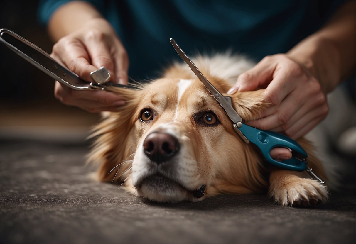 A dog's nails being trimmed with a nail clipper on a non-slip surface