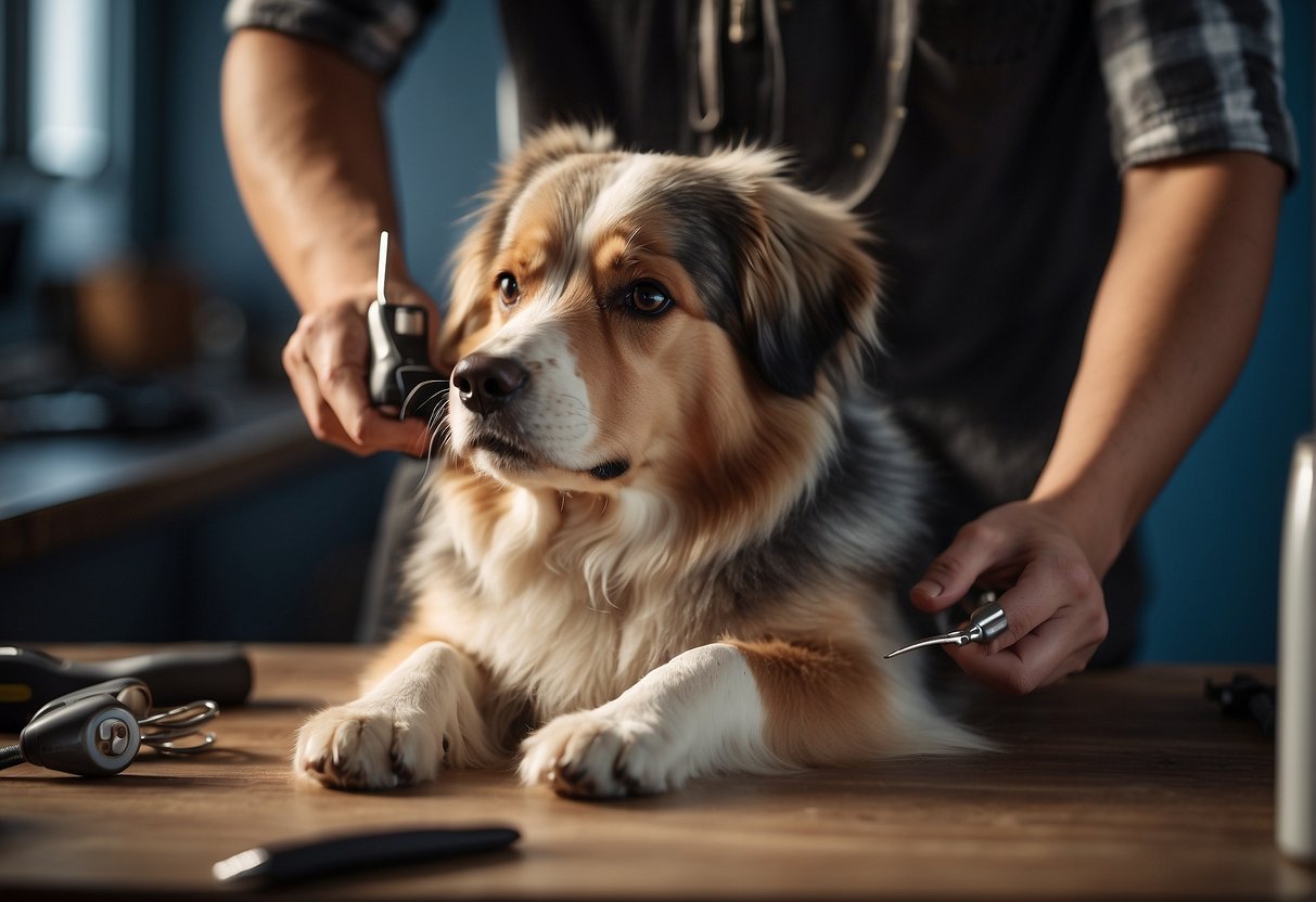 A dog's nails being trimmed with a clipper, surrounded by grooming tools and a calm, attentive owner