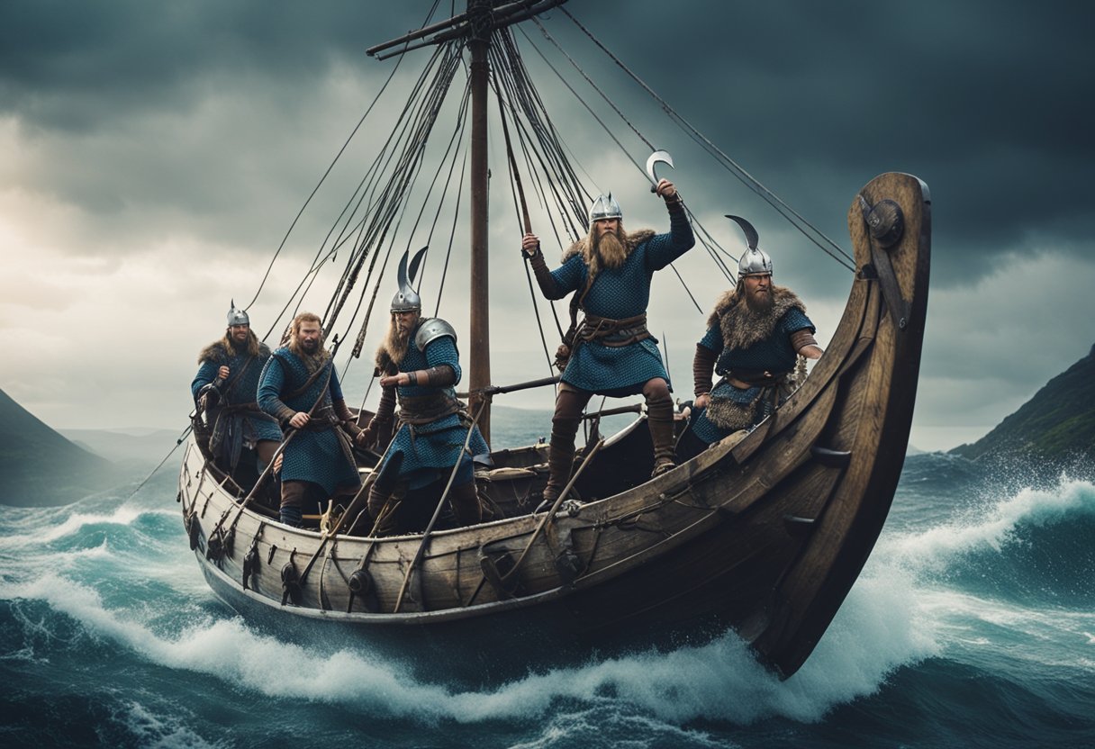 Vikings navigating treacherous waters and rugged landscapes, facing harsh weather and unforgiving terrain in their quest for new lands