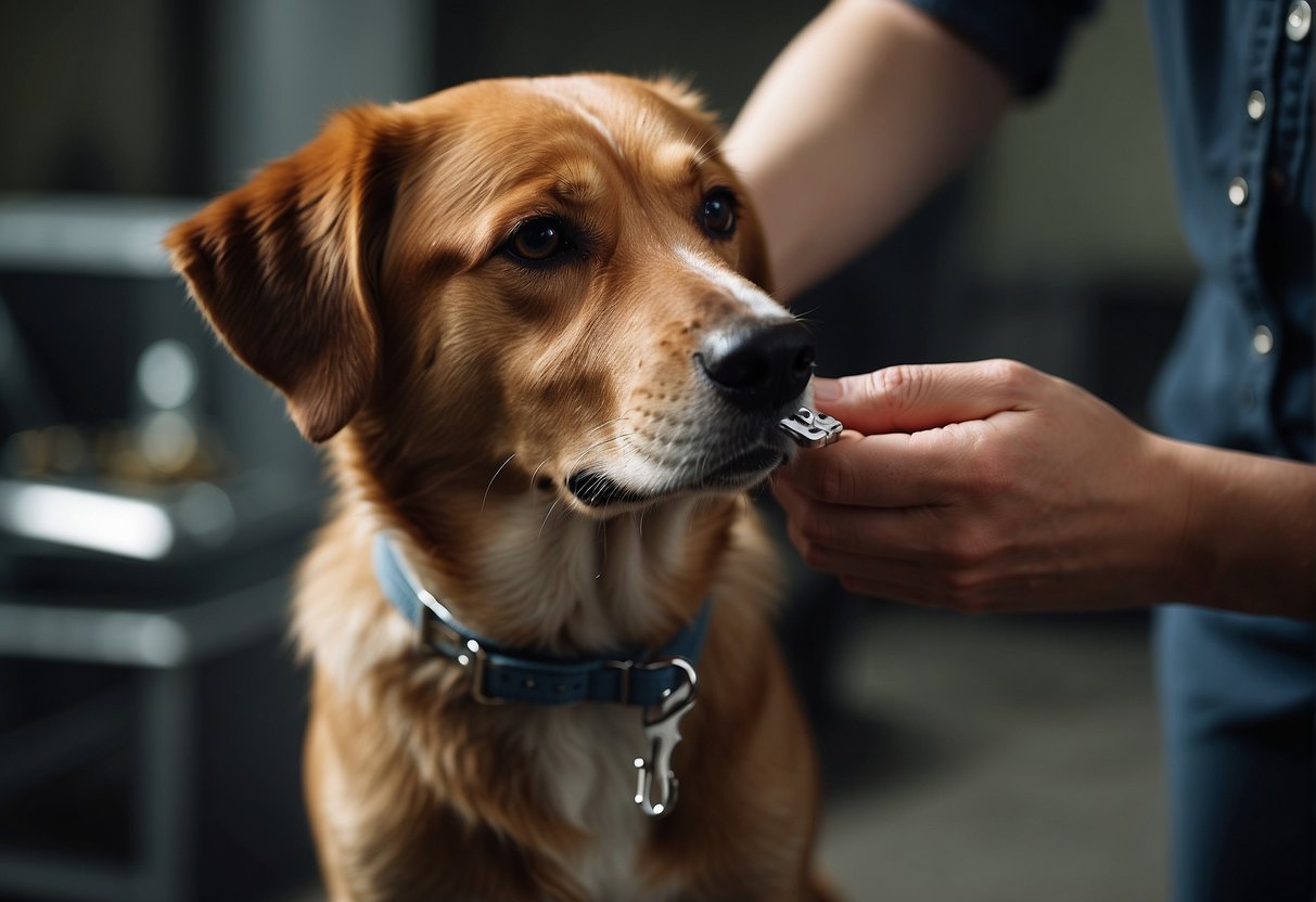 A dog with trimmed nails sits calmly as a person holds a pair of nail clippers, gently trimming the dog's nails