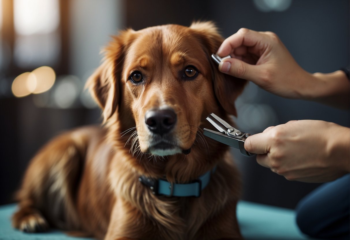 A dog's nails being trimmed with clippers on a non-slip surface, with a gentle hold on the paw