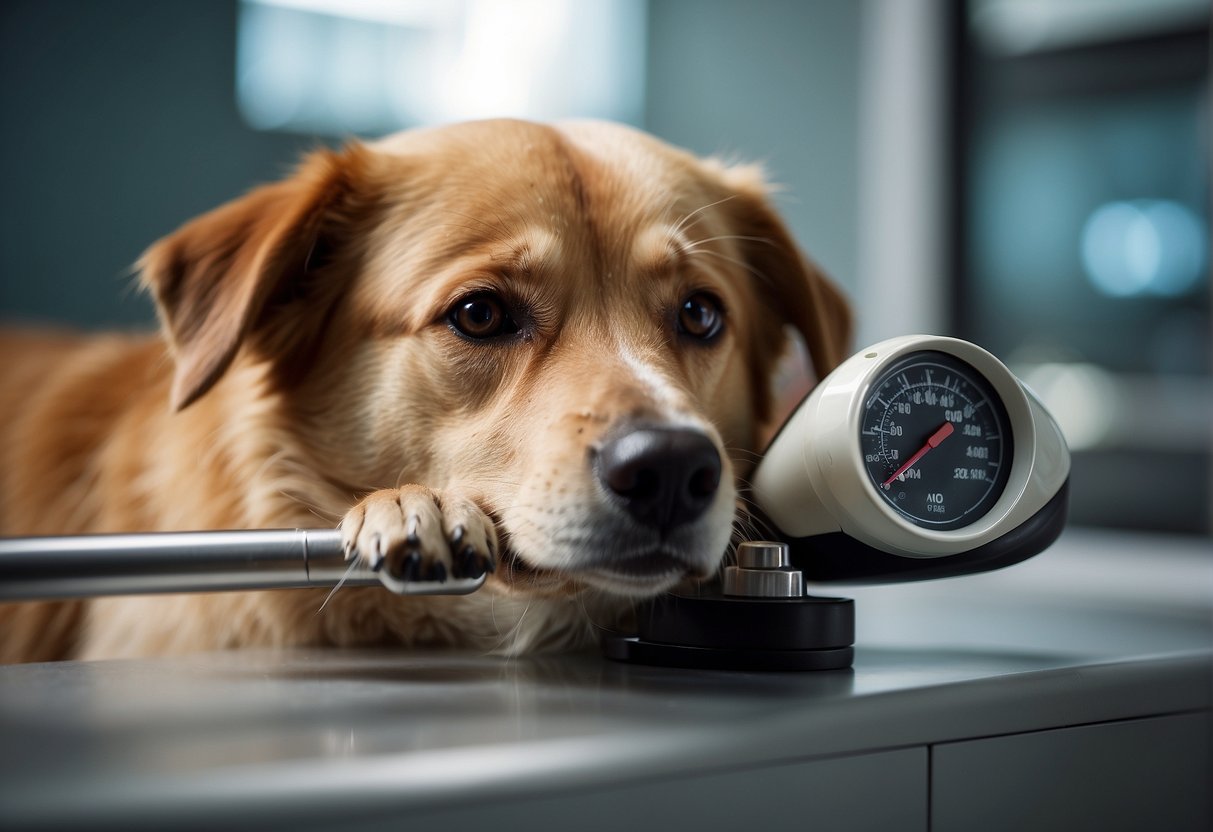 A dog's temperature is taken with a thermometer inserted into the rectum. The dog may need to be restrained for safety