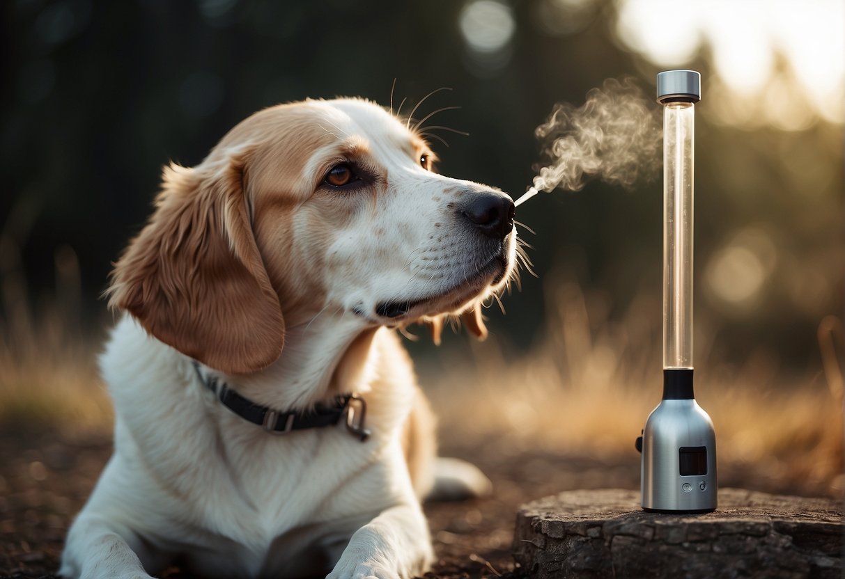 A dog sitting calmly as a person holds a thermometer near its ear, with a gentle hand supporting its head