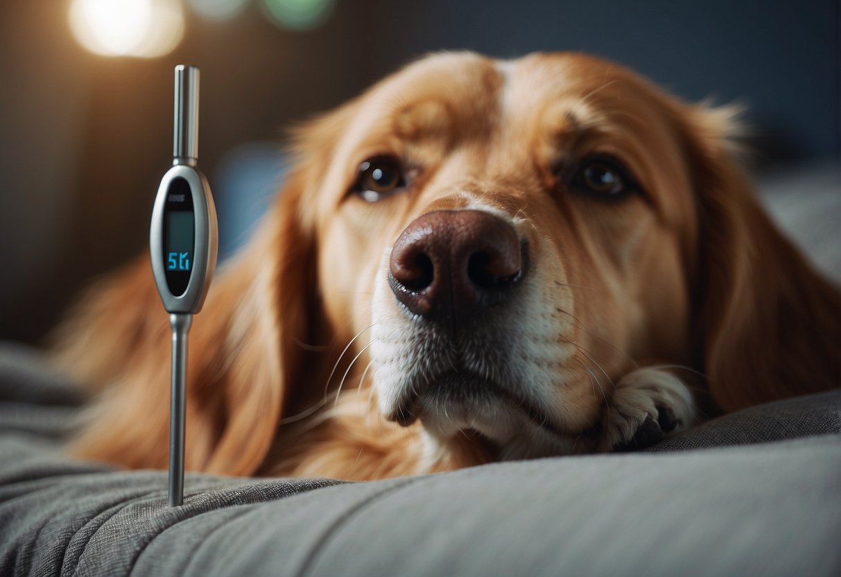 A dog lying down, with a thermometer under its armpit, a concerned owner looking on