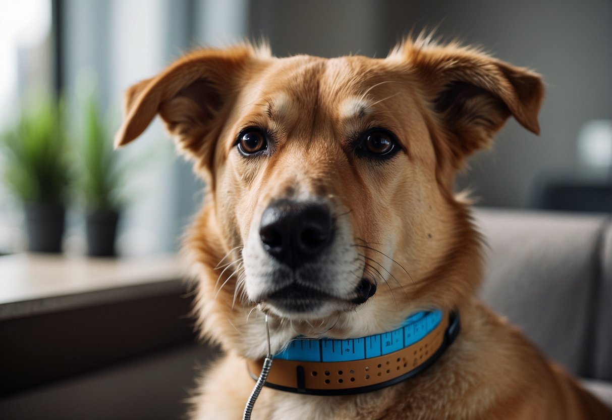 A dog with a thermometer in its mouth, a concerned owner looking on