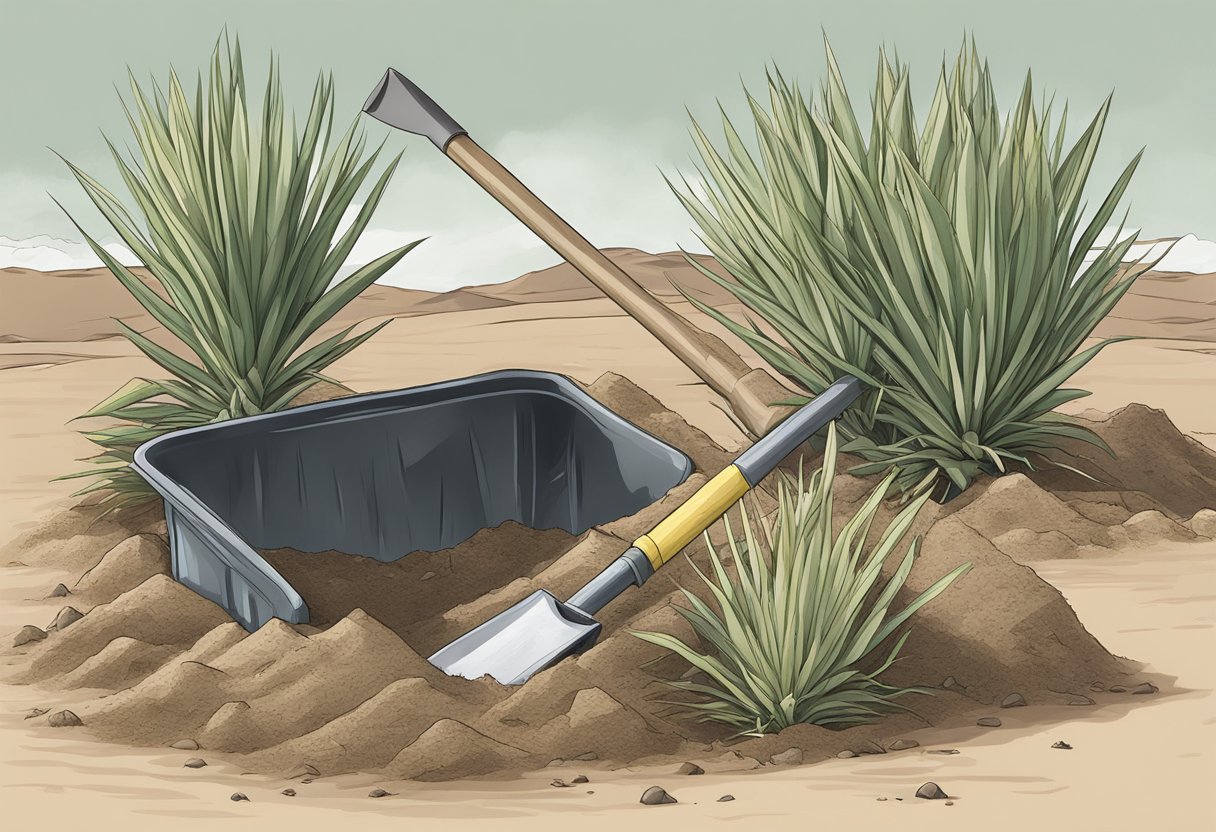 Yucca plants being dug out of the ground with a shovel and placed into a trash bag