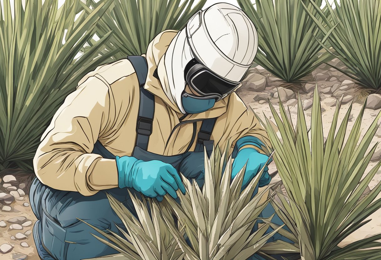 A person wearing gloves and goggles cuts yucca plants with a sharp tool, placing them in a sealed bag for disposal