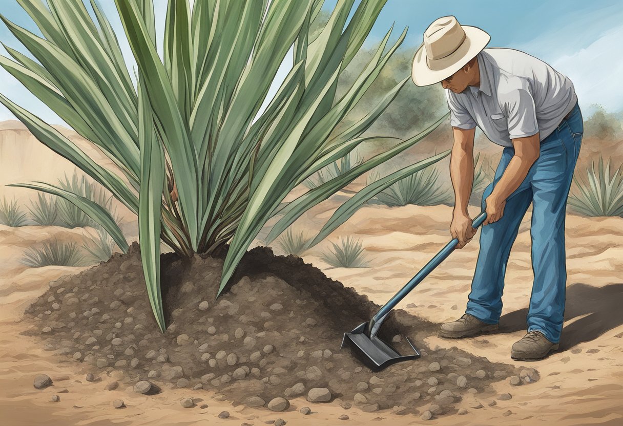 Yucca plants being removed from soil with shovel and roots exposed