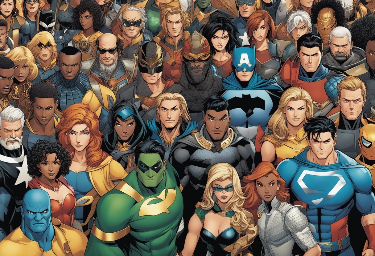 The Global Impact of Comic Books - A diverse group of comic book characters from different cultures and genres stand together, representing the global impact of comic books