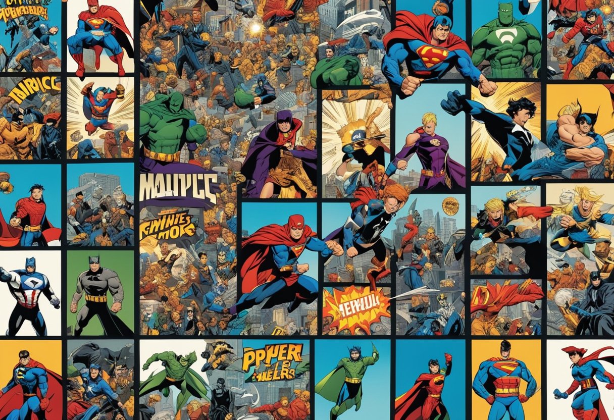 The Global Impact of Comic Books: Exploring Cultural Influence from Superheroes to Manga - A colorful collage of iconic characters and franchises from comic books, including superheroes and manga, with dynamic action scenes and bold typography
