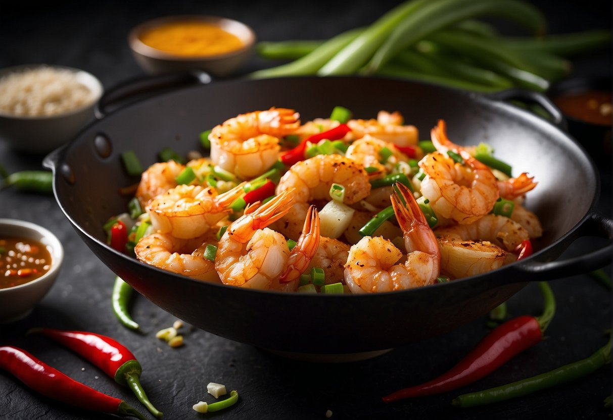 A wok sizzles with golden coconut shrimp, surrounded by vibrant green scallions and red chili peppers. A bowl of tangy dipping sauce sits nearby