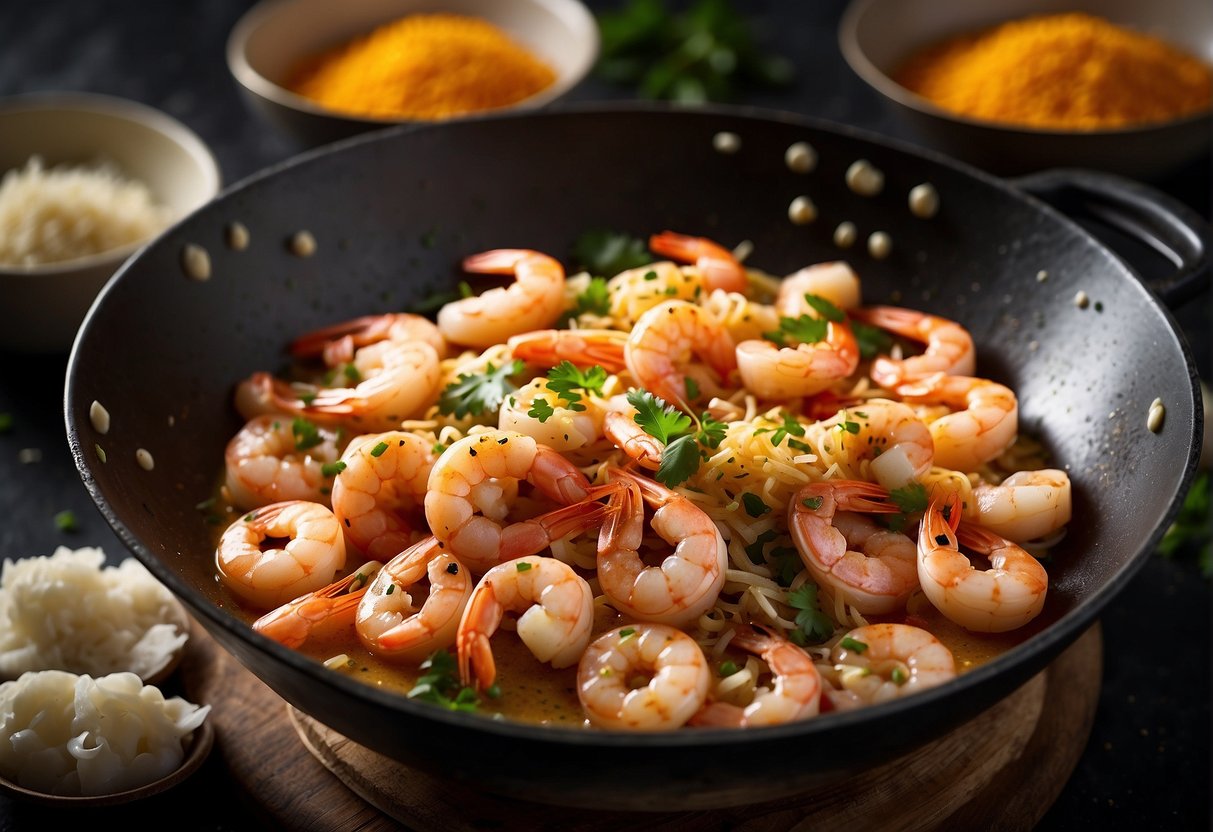 A wok sizzles with shrimp, coated in a creamy coconut sauce. Surrounding it are bowls of spices and ingredients, ready to be added to the dish