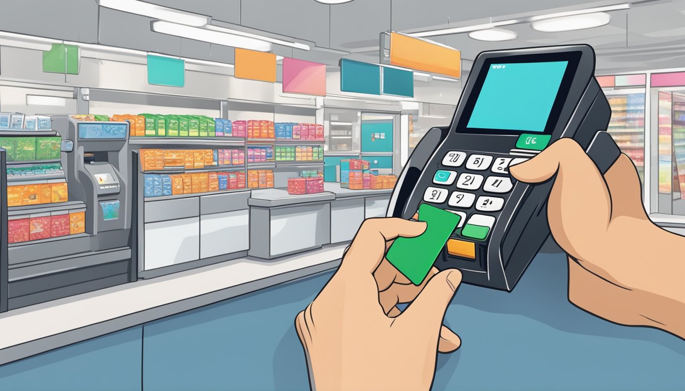 A hand holding a POSB Everyday Card swiping it at a payment terminal in a Singaporean store
