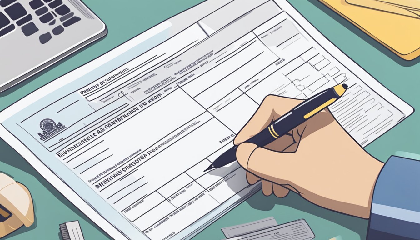 A person filling out an application form for the POSB Everyday Card in Singapore. The form is on a desk with a pen and required documents