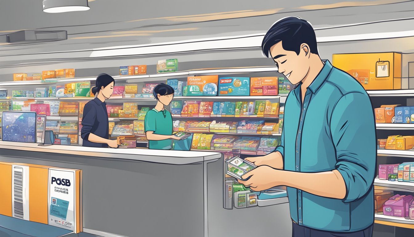 A person swiping a POSB Everyday Card at a Singaporean store, with various rewards and benefits displayed around them