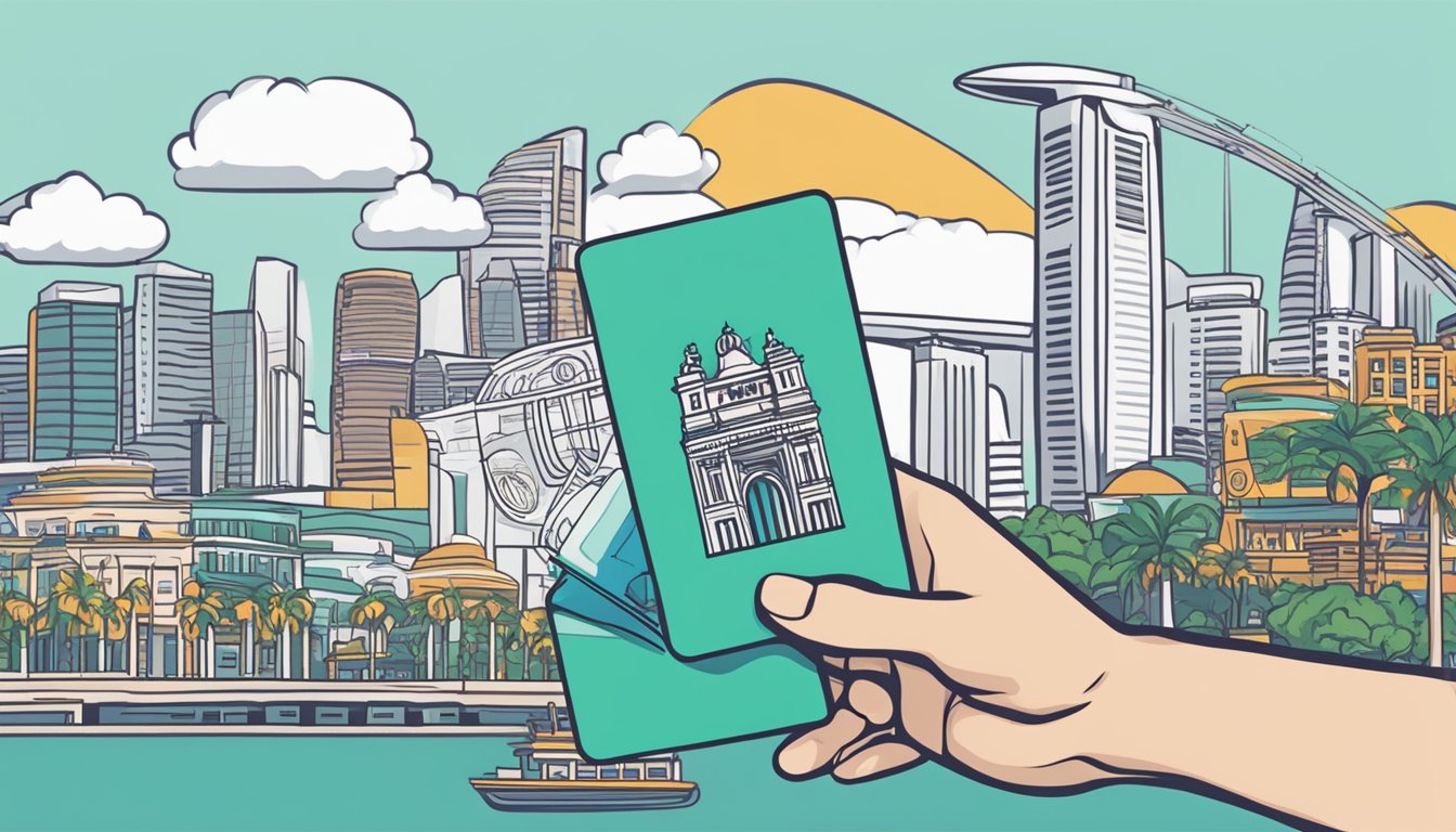 A hand holding a POSB Everyday Card with text "Fees and Charges" and "How to apply" against a backdrop of iconic Singapore landmarks