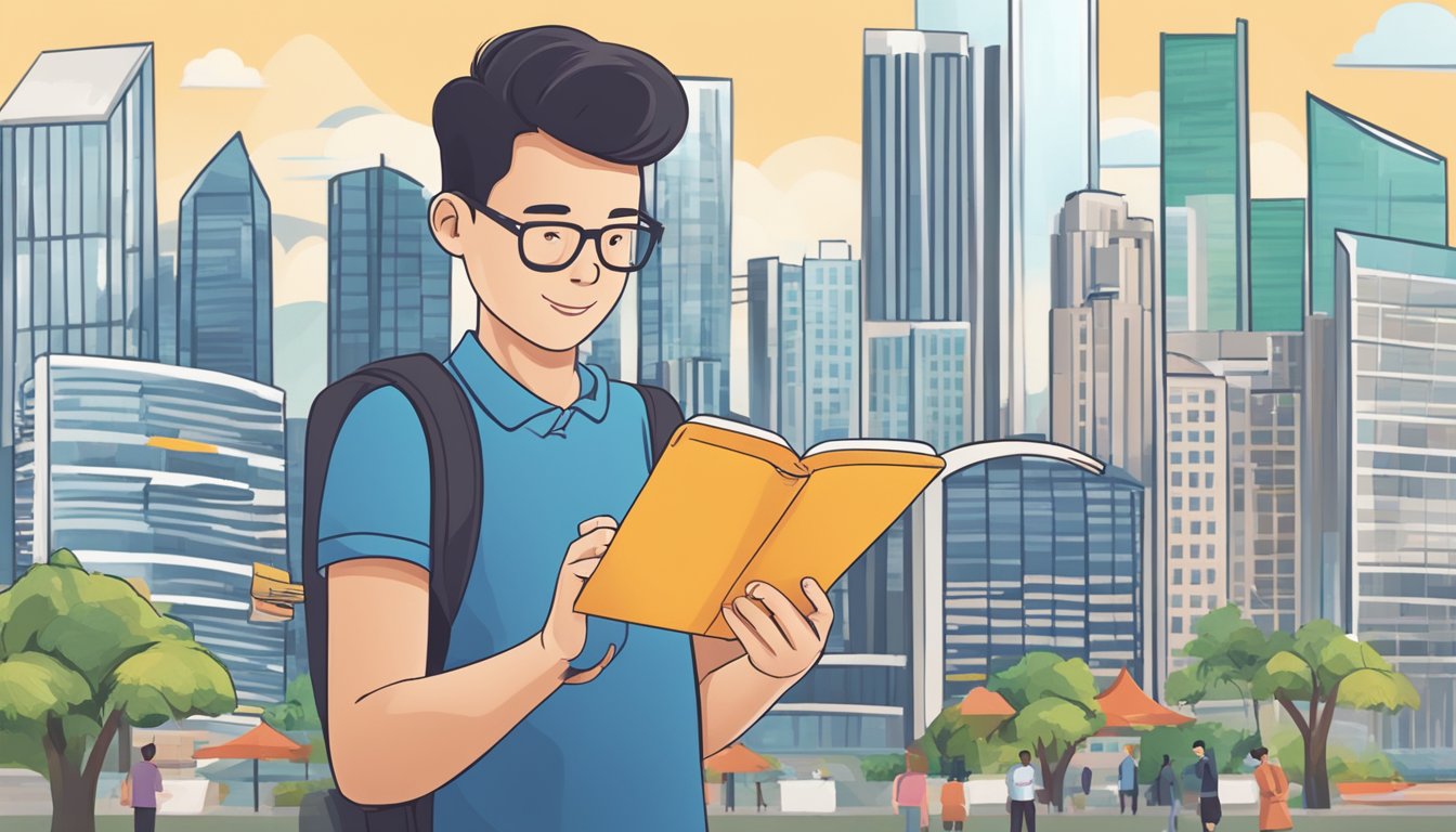 A person holding a POSB Everyday Card and reading a list of FAQs on a smartphone, with the card and a Singaporean backdrop in the background