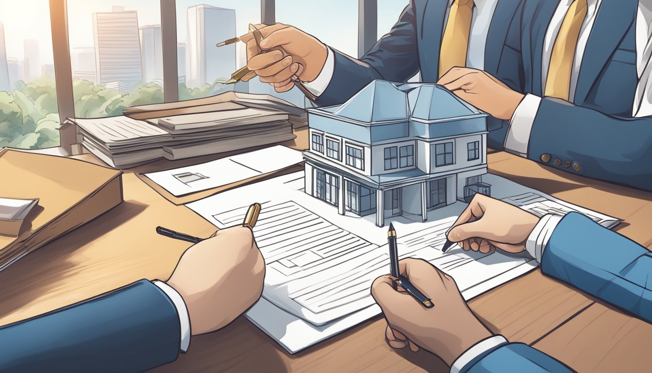 A person signing a contract with a real estate agent, exchanging keys for a new property in Singapore with no money down