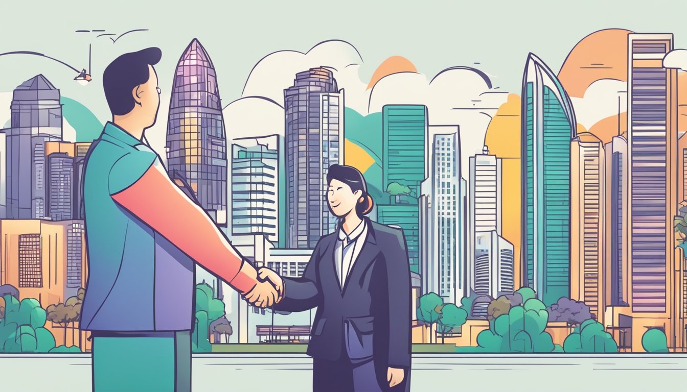 A vibrant cityscape with iconic Singapore landmarks, a real estate agent shaking hands with a happy buyer, and a house key symbolizing a successful no-money-down property purchase